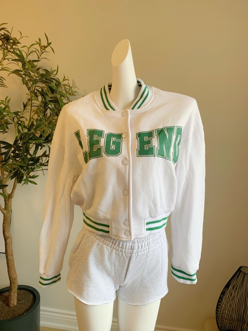 Refuge White Cropped Varsity Jacket Green Letter M